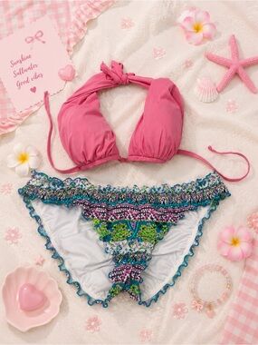 Pink Halter Bikini Top with Multicolor Printed Ruffled Bottom